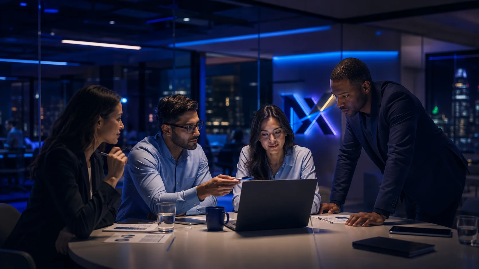 International team collaborating in a technology-enabled workplace